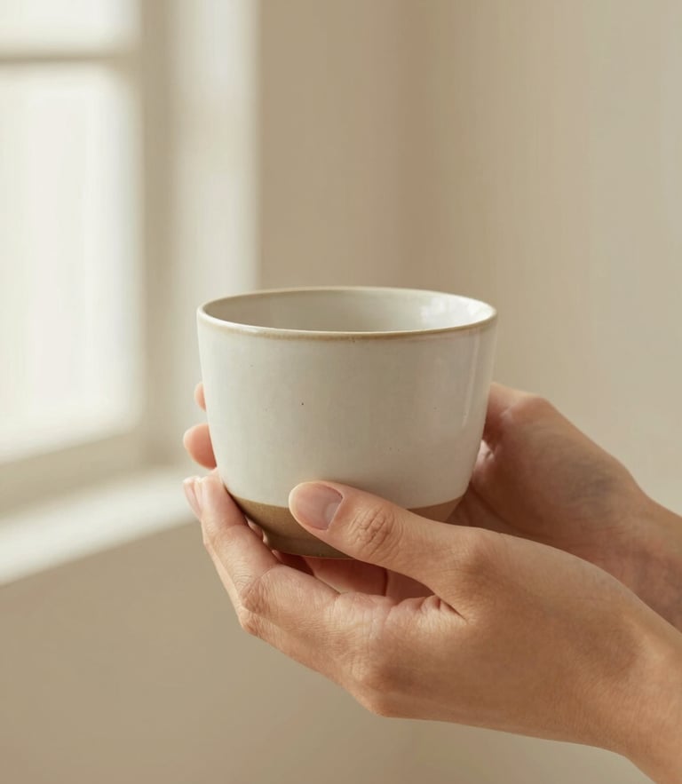Macro beauty photography of clean manicured hands holding a minimalist ceramic cup against a warm cream background, soft window light, shallow depth of field, 35mm lens.