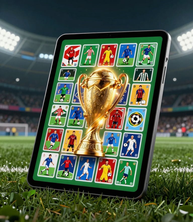 High-resolution digital mockup of a tablet displaying colorful soccer sticker pages, glowing golden trophy light, dark stadium background, sharp focus