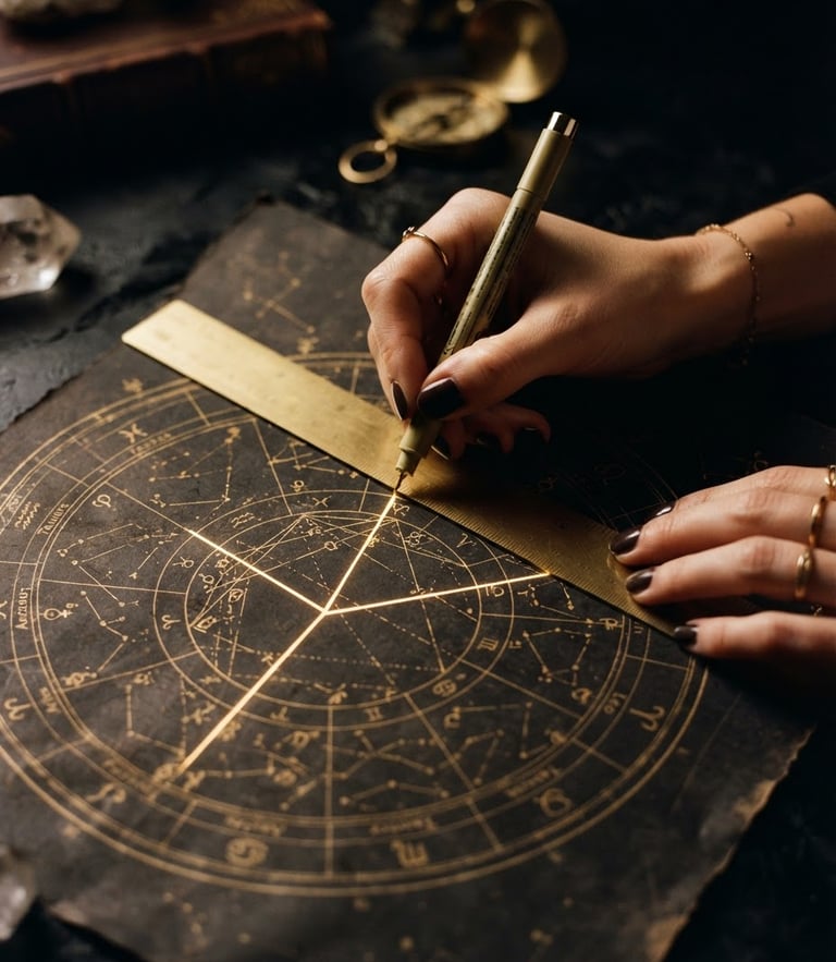 Close-up of hands drawing precise geometric lines on an astrological chart under low-key golden light, dark obsidian background, high-contrast luxury editorial, 35mm