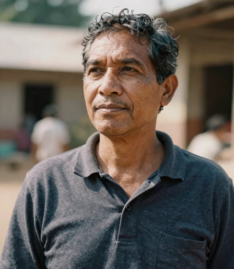 Environmental portrait of a local community leader in warm natural daylight, looking thoughtfully off-camera, rich muted tones, medium format film.