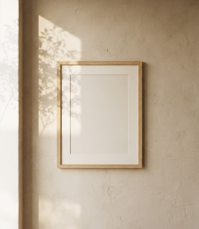 Straight-on architectural shot of an empty oak frame on a textured beige plaster wall, soft morning window light casting a gentle foliage shadow, 35mm