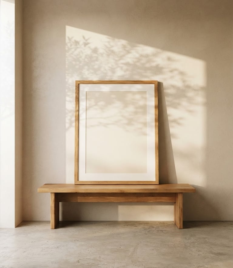 A straight-on architectural shot of a sunlit minimalist room, clean beige plaster walls, a large empty oak frame resting on a low wooden bench, soft morning light casting gentle shadows of olive leaves, 35mm photography