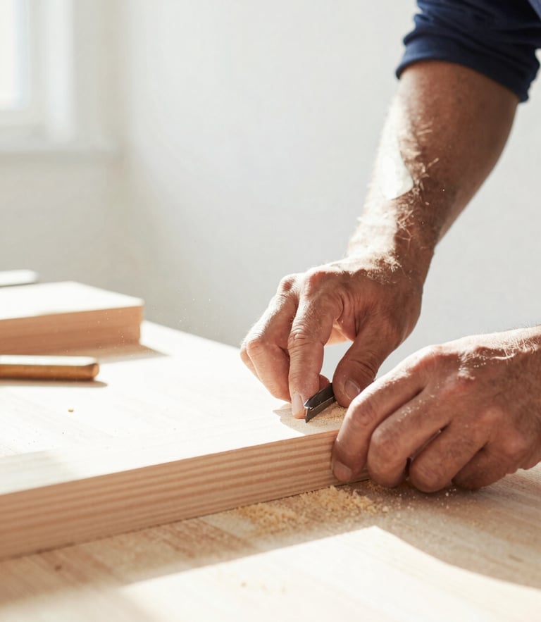 Close-up of a French artisan carpenter working with wood in a sunlit workshop, sawdust flying in the air, natural daylight, focus on hands and tools, clean white background, professional 35mm.