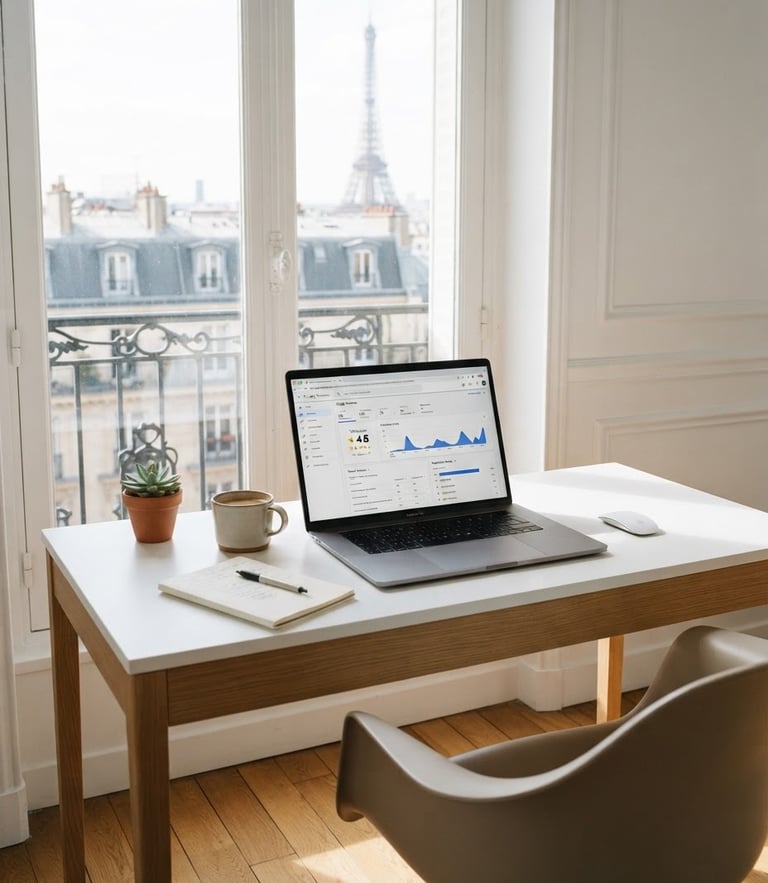 Sleek modern workspace in Paris, bright natural daylight, clean white desk with a laptop displaying a Google reviews dashboard, professional 35mm photography