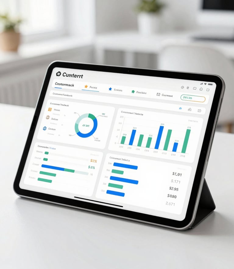 A close-up of a high-end digital tablet displaying a clean business dashboard with positive customer feedback analytics, set against a bright, minimalist corporate office backdrop, daylight, soft shadows.