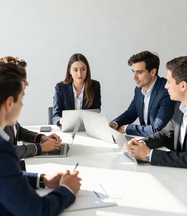 Bright editorial photography of a collaborative meeting in a modern French agency, young professionals discussing around a clean table, daylight, soft shadows, professional 35mm.