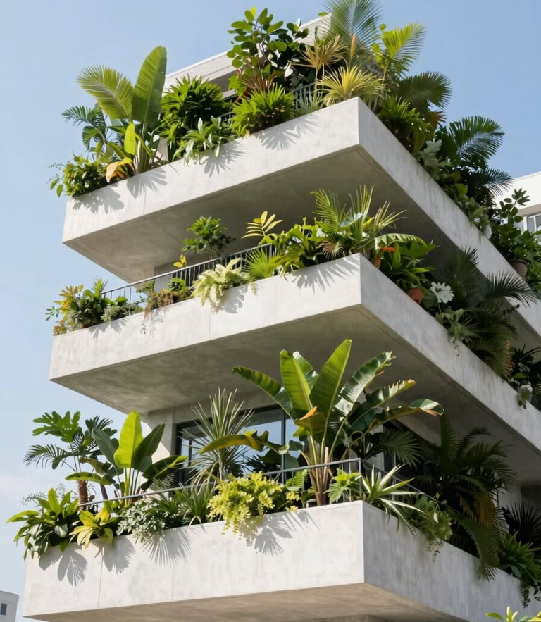 Architectural vertical garden on a concrete luxury balcony, bright natural daylight, crisp green and clean white tones, high-end editorial photography