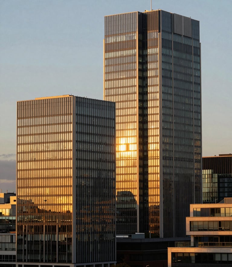 Premium architectural shot of Birmingham skyline at golden hour, warm light reflecting off glass facades, elegant composition, 35mm