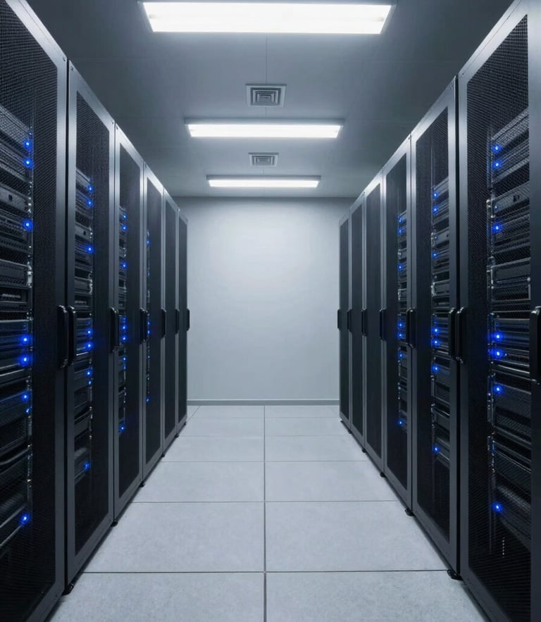 Straight-on architectural shot of a clean, modern enterprise server room with cool fluorescent lighting, blue status lights blinking on server racks, expansive negative space.