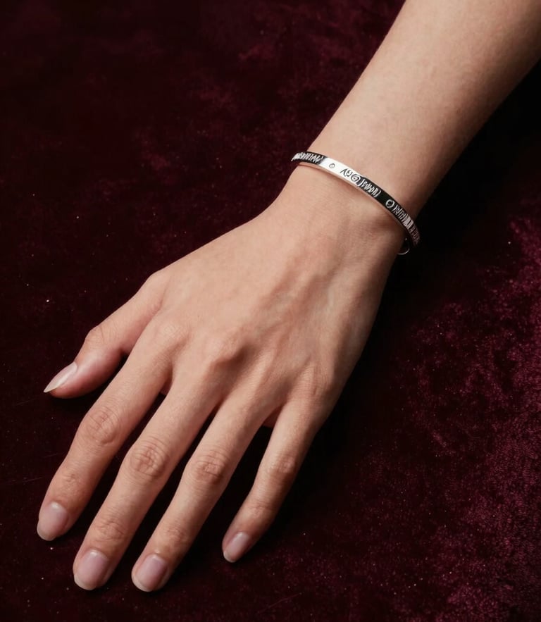 Elegant portrait of a woman's hand resting on a dark velvet surface, wearing a custom-engraved silver bracelet, soft dramatic side-lighting