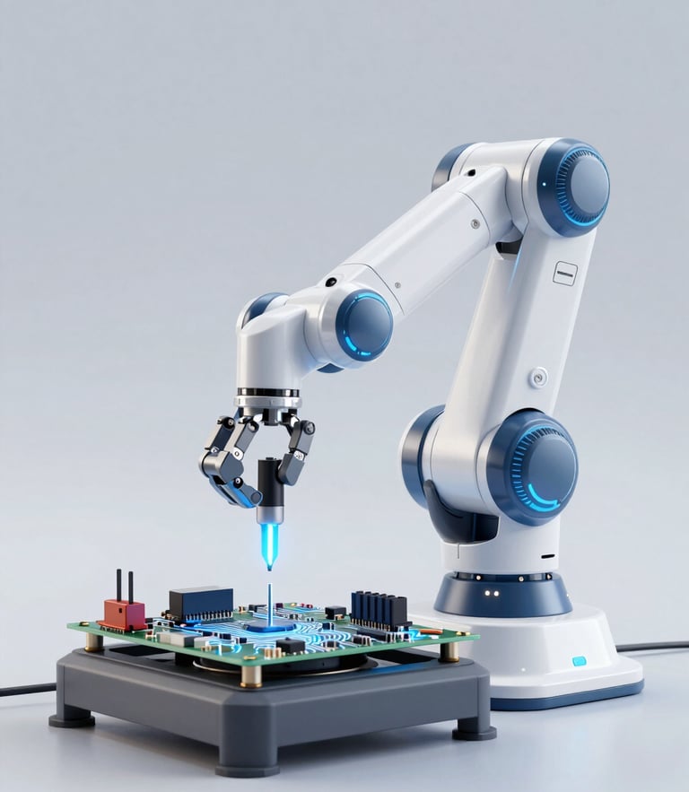 A futuristic 3D render of a white robotic arm assembling a miniature circuit board, electric blue glowing accents, clean studio lighting, high-tech engineering aesthetic, octane render, 8k