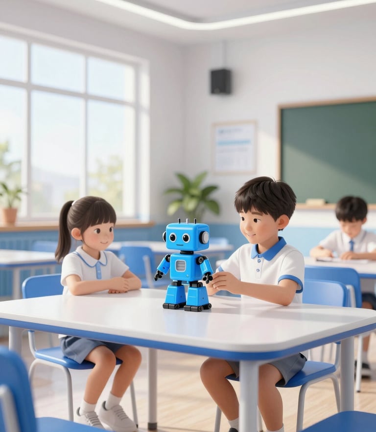 A bright, modern school classroom with children assembling a small blue toy robot, warm sunlight from a window, clean high-tech educational setting, 3d render style, 8k