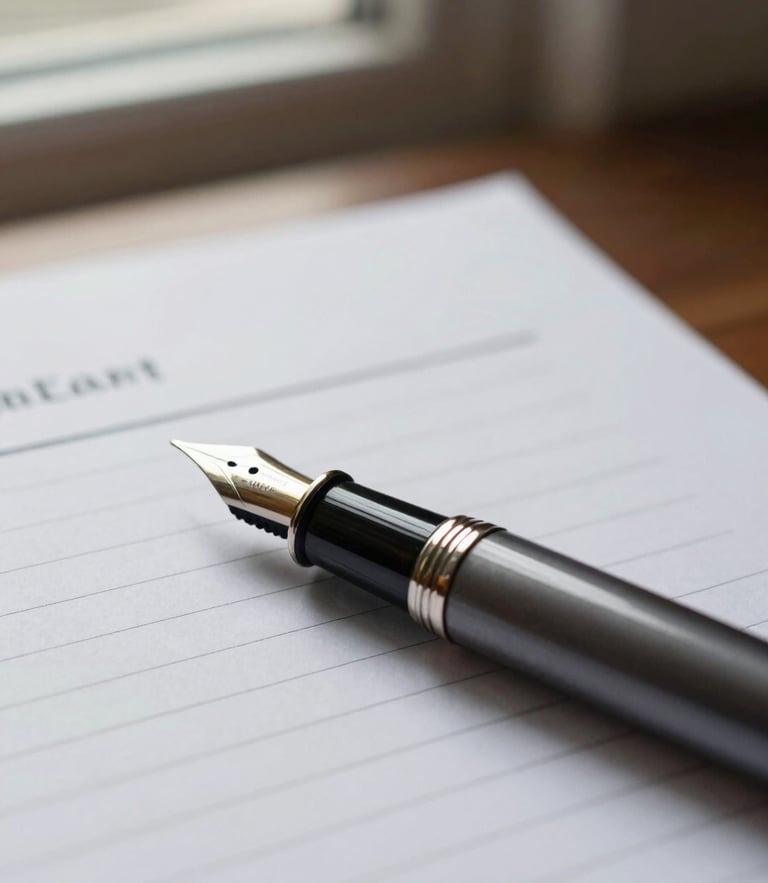 Macro shot of a classic fountain pen resting on structured high-weight legal paper, soft natural side lighting from an office window, shallow depth of field.