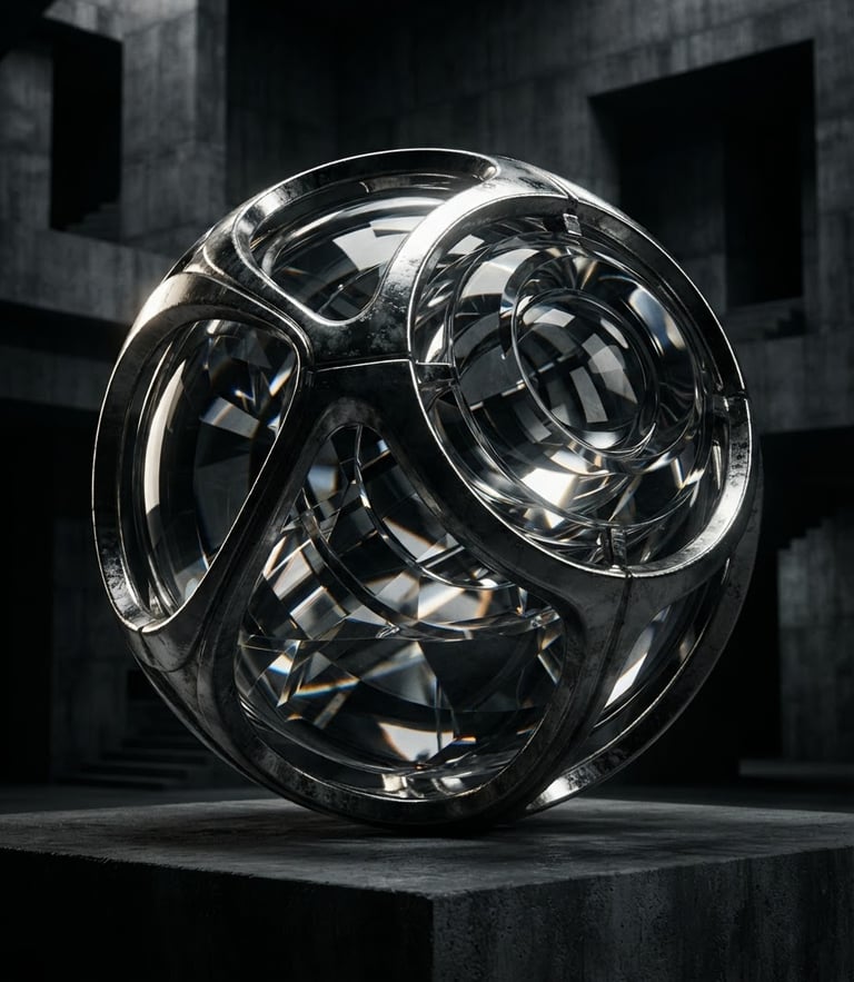Kinowy render 3D, zbliżenie na lśniącą metaliczną kulę z refrakcjami szkła, dramatyczne oświetlenie studyjne, głębokie cienie, brutalistyczne tło architektoniczne, 8k