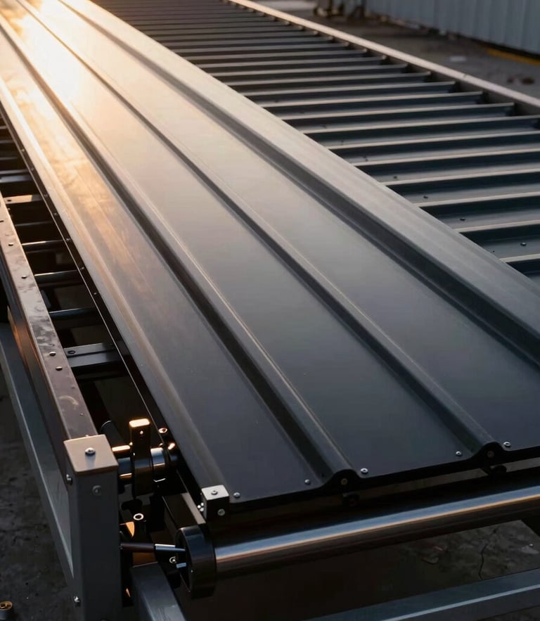 Industrial editorial photography of a long, flawless black standing seam metal roof panel emerging from a mobile roll-former onto a staging table. Dramatic golden-hour sunlight, rich dark tones, 35mm lens.