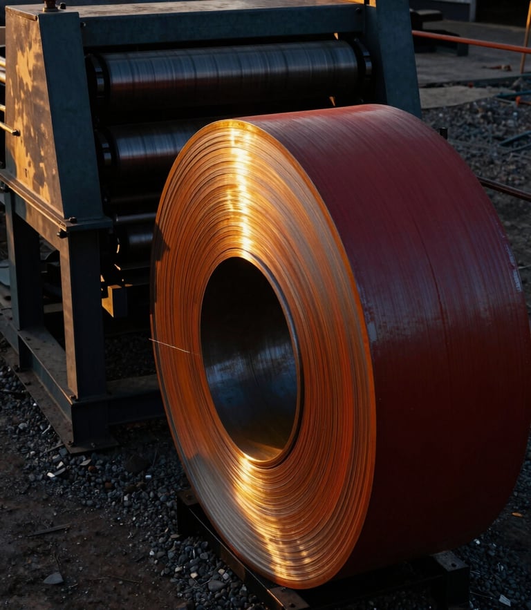 Industrial editorial photography of a heavy crimson steel coil feeding into a mobile roll-forming machine on a gravel job site. Dramatic golden-hour sunlight reflecting off the metallic steel surface, rich dark tones, 35mm lens.