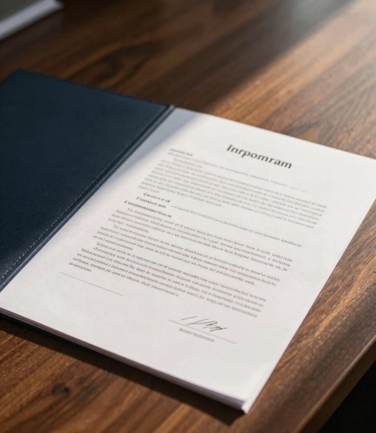 Close-up of signed legal documents on a dark oak desk, warm golden-hour light casting long shadows, professional 35mm editorial corporate photography.