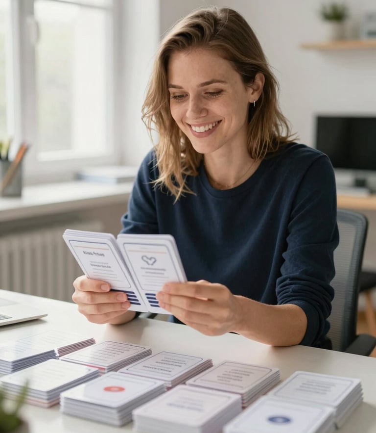 Warm editorial photography of Kinga Flis in a bright home office filled with natural light, holding neatly organized physical flashcards, smiling warmly, shallow depth of field, 35mm