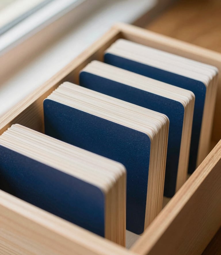 Close-up of physical flashcards in a neat wooden box on a desk, warm natural daylight, soft focus, navy blue tones