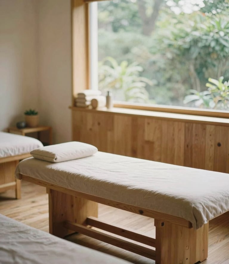 A peaceful, sunlit therapy room with comfortable seating, warm wooden accents, and a large window showing green foliage outside, soft focus, 35mm photography