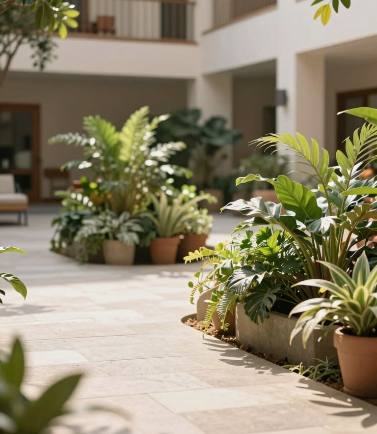 Warm editorial photography of a serene sunlit courtyard at a recovery center, lush green plants, clean stone pathways, soft natural daylight, shallow depth of field, 35mm
