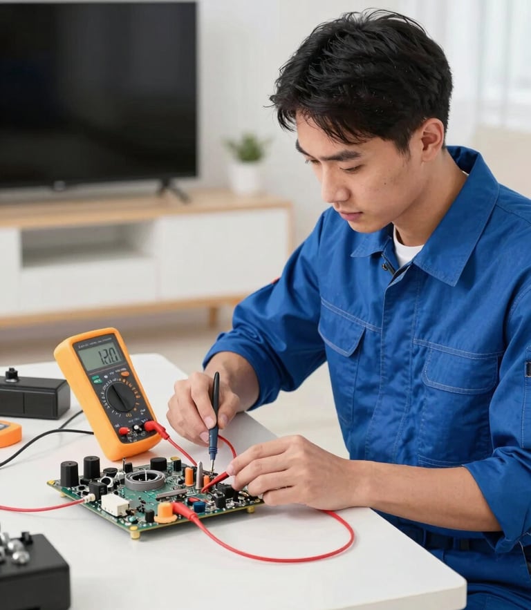 A certified technician in a clean blue uniform using a digital multimeter to test a smart TV motherboard on a clean workspace, bright daylight, 35mm