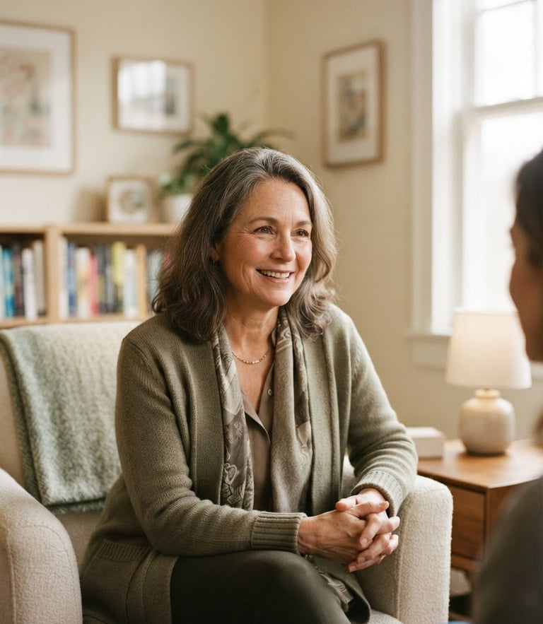 Warm environmental portrait of a compassionate female therapist in a soft-focus cream office with natural window light