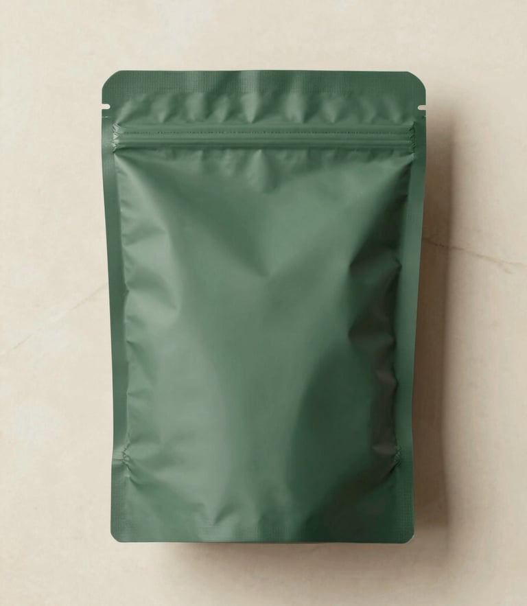 Clean editorial overhead flat-lay of a discreetly sealed forest green package on a warm cream marble surface, soft natural daylight, 35mm