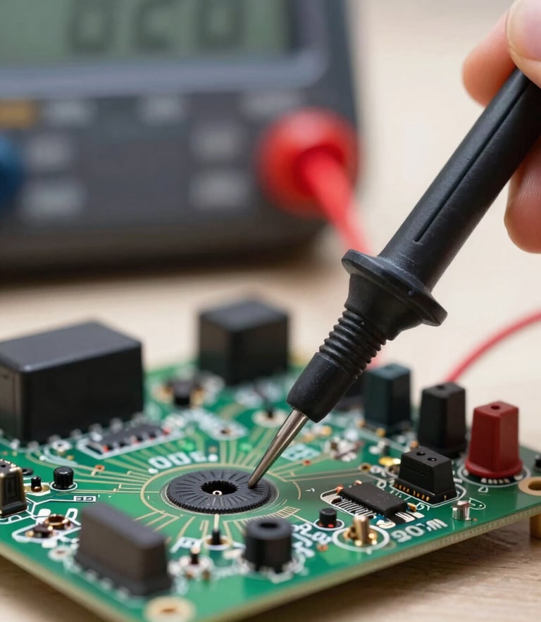 Extreme close-up of a digital multimeter probe testing a circuit board of an OLED television, bright neutral daylight, shallow depth of field, technical precision.