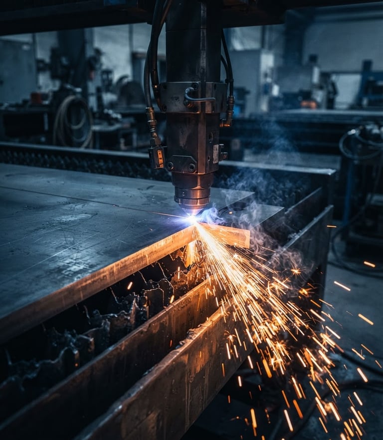 Industrial fiber laser cutting machine processing metal sheet with sparks in a factory.