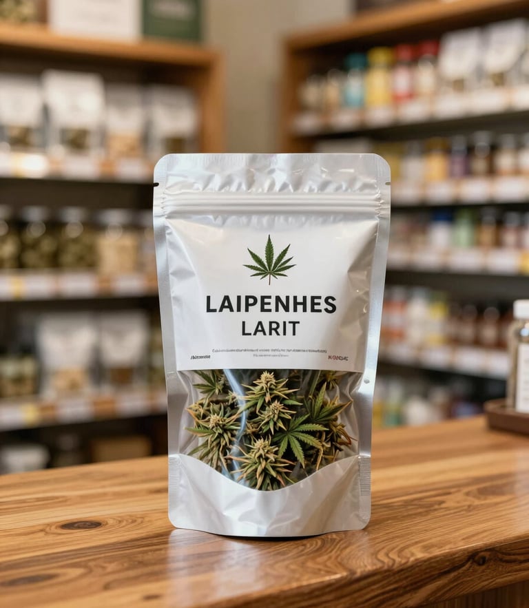A close-up, warm ambient shot of legally compliant, sealed cannabis packaging resting on a polished wooden counter inside a brightly lit dispensary storefront.