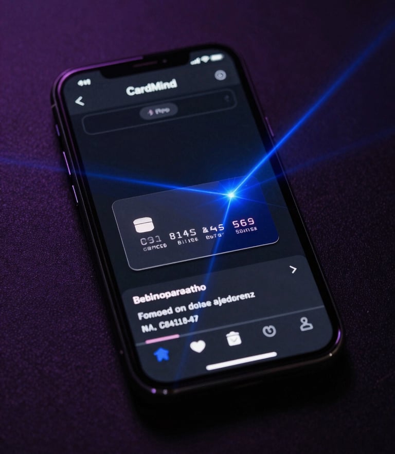 Orthographic view of a mobile phone displaying the CardMind interface, sharp electric blue laser line scanning a premium physical business card, dark studio lighting, subtle violet background glow.