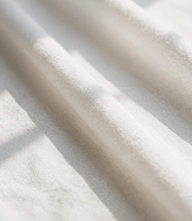 Macro close-up of soft white linen fabric being meticulously steamed, warm golden sunlight casting gentle shadows, shallow depth of field
