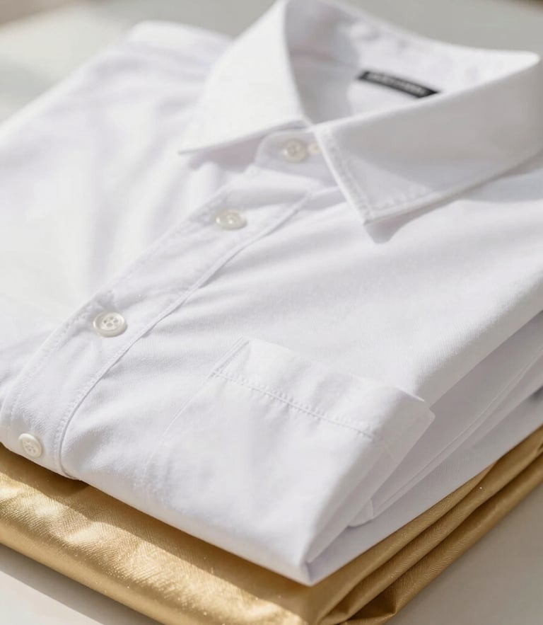 Close-up of neatly folded premium garments in bespoke white and gold packaging under bright, soft natural daylight, shallow depth of field, editorial photography