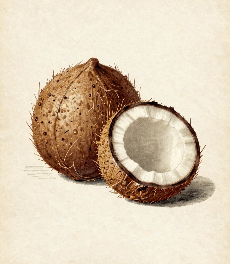 Detailed antique botanical engraving of Cocos nucifera with coconut cross-section, aged cream paper background, soft natural lighting