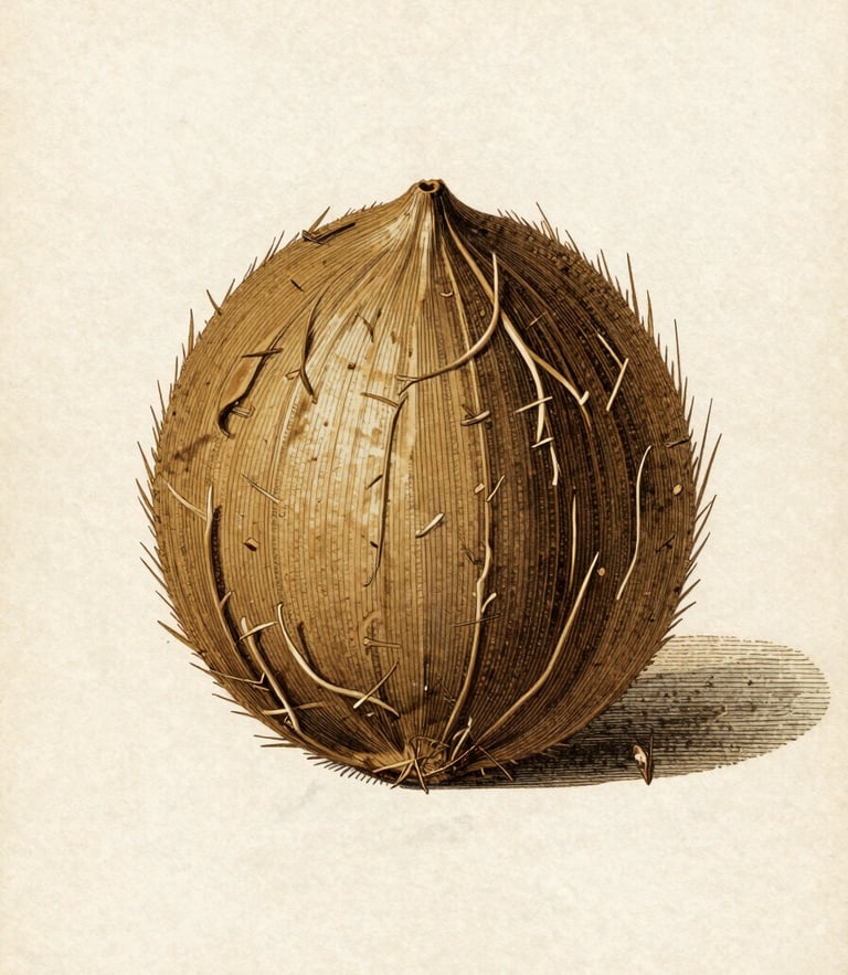 Detailed antique botanical engraving of Cocos nucifera on aged parchment paper, soft natural lighting, scientific study framing