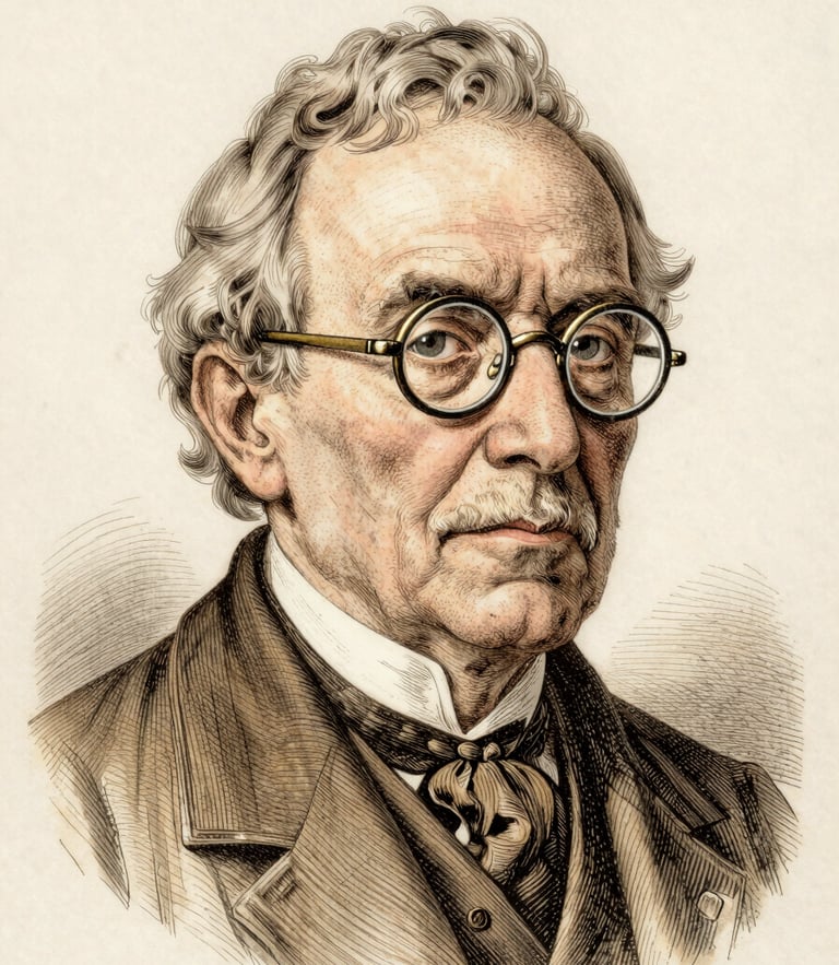 Detailed portrait engraving of an elderly French botanist researcher with spectacles, vintage scientific illustration style, clean engraving lines, muted khaki ink on aged cream paper background, centered composition
