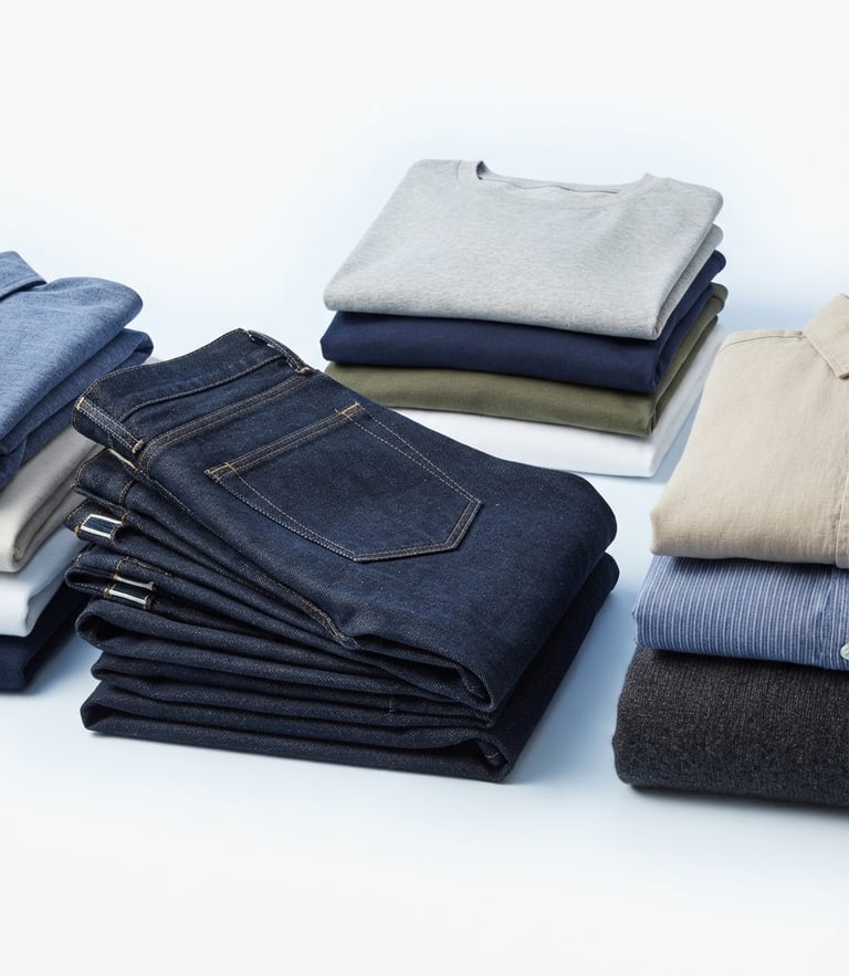 Bright commercial product photography of neatly folded stacks of shirts and jeans, crisp studio lighting, clean white background, 50mm