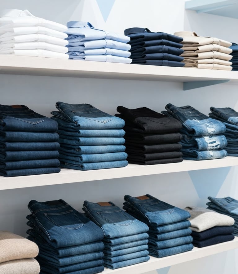 Bright commercial product photography, crisp studio lighting, neatly folded stacks of denim jeans and cotton shirts on clean shelves, 50mm focus.