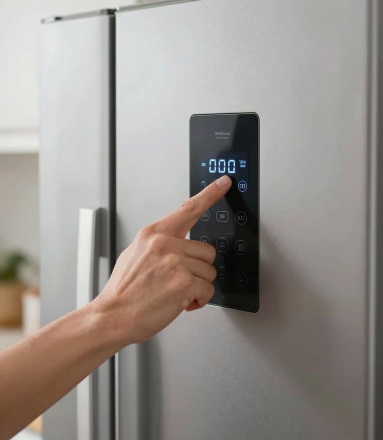 Close-up of clean hands replacing a digital control panel on a modern stainless steel refrigerator, bright natural kitchen lighting, sharp focus
