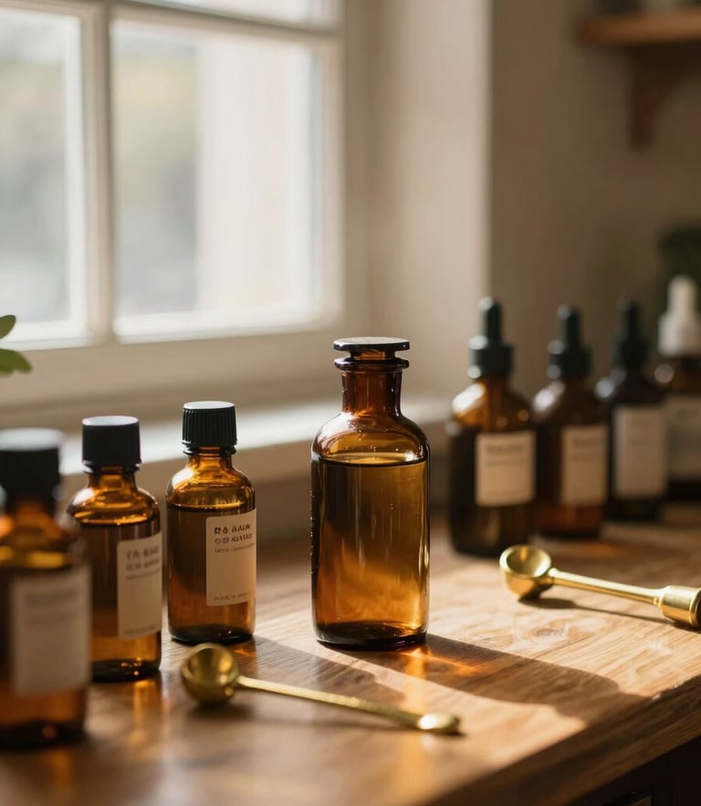 A warm apothecary counter with amber glass bottles, clean brass compounding tools, and soft morning window light, 35mm photography