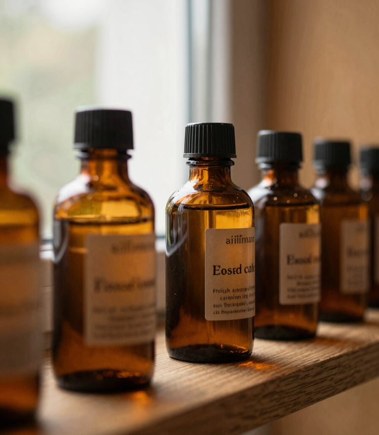 Warm editorial close-up of amber apothecary glass bottles on a wooden shelf under soft natural window light, 35mm