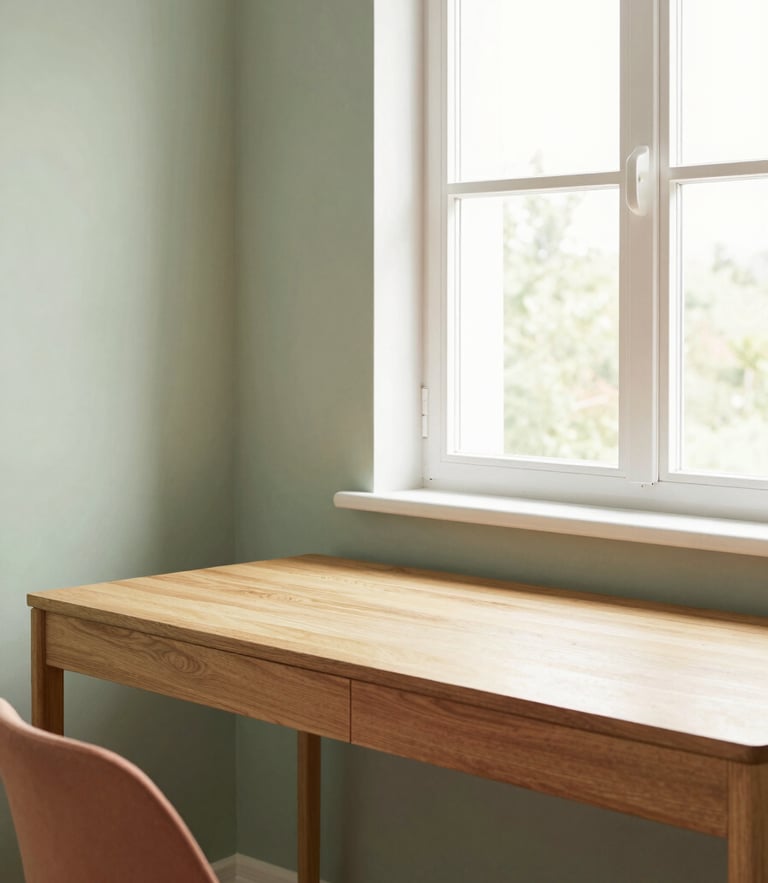 Bright airy single room with a modern wooden study desk, soft natural window light, terracotta and sage green pastel accents, warm editorial photography