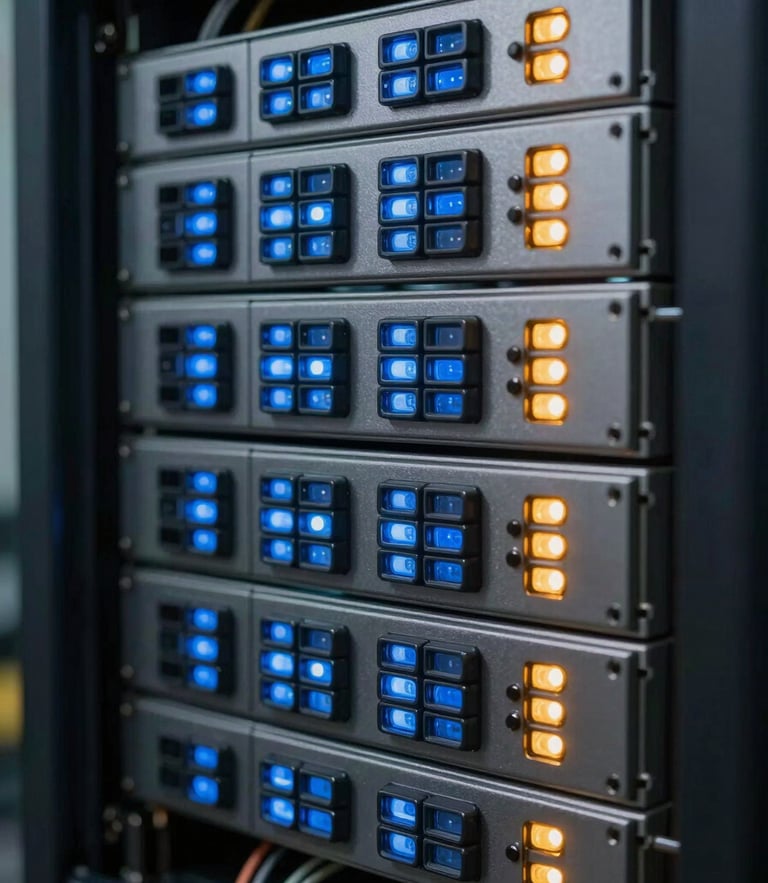 Macro shot of physical server rack infrastructure, clean blue and amber status lights, crisp industrial wiring, low-key ambient lighting.