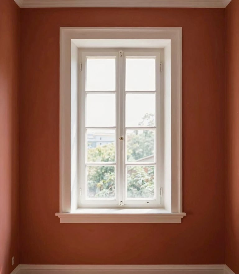 A beautifully painted room with warm terracotta walls, crisp white trim, natural sunlight streaming through a window, 35mm photography