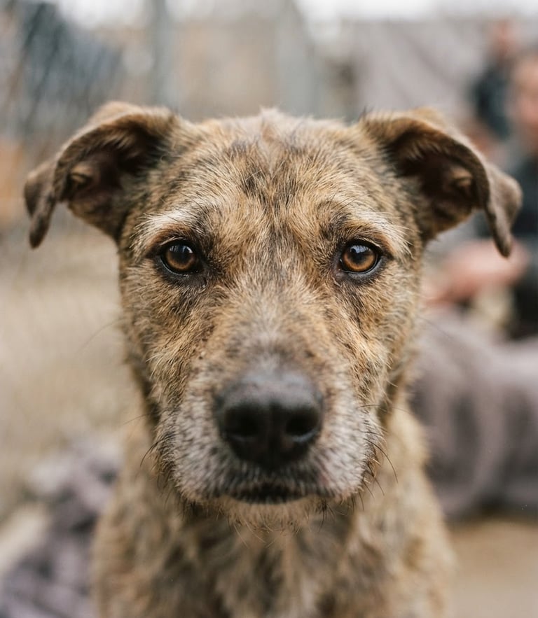 Intimate close-up of a rescued shelter dog looking directly into the camera, warm muted tones, natural overcast daylight, shallow depth of field, 35mm lens