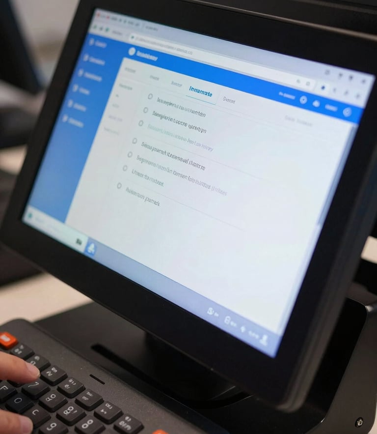 Macro close-up of a modern POS terminal screen displaying an active retail checkout interface, high-contrast cool-toned architectural lighting, sharp focus on clean user interface layout, electric blue accents glowing on the screen.