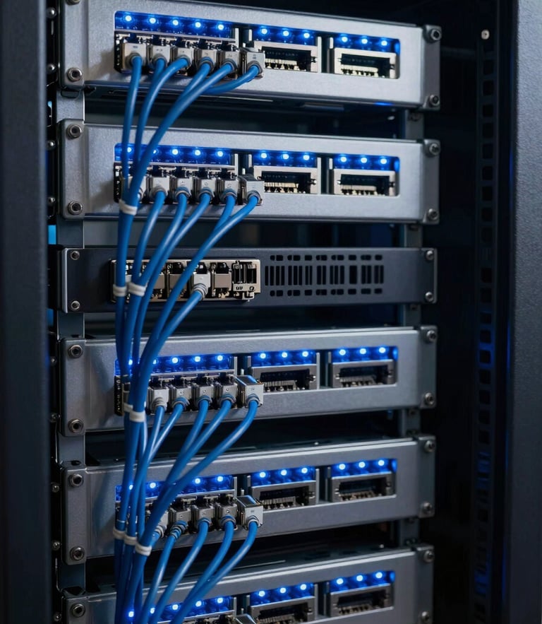 A close-up of a neatly organized server rack with glowing blue LED indicator lights, structured Ethernet cabling running perfectly along metal brackets, cool high-contrast technical lighting.