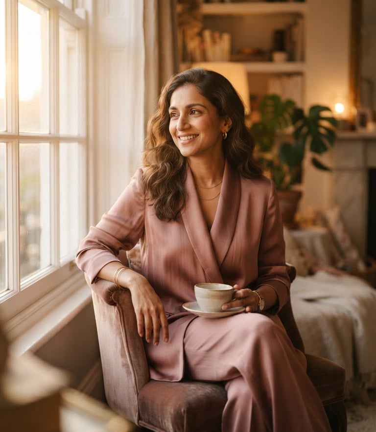 Elegant environmental portrait of a South Asian woman in a draped dusty rose silk suit, soft golden hour window light, shallow depth of field, warm editorial photography