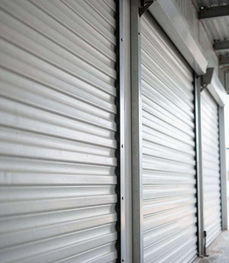 Bright high-contrast industrial lighting reflecting off clean corrugated steel roll-up doors in a wide warehouse corridor, geometric lines, secure lock details.